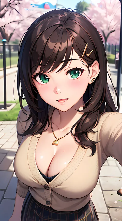 ((masterpiece, best quality, highres, UHD, perfect pixel, depth of field, 4k, RTX, HDR)), 1girl, single, solo, beautiful anime girl, beautiful artstyle, anime character, ((long hair, bangs, brown hair, hair pin)), (green eyes:1.4, rounded eyes, beautiful e...