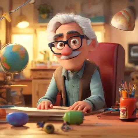 Create a poster inspired by Disney Pixar with the character being deputy Keniston Braga, a man with white hair wearing glasses, the scene will be in Pixars distinctive digital art style. Focusing on the characters expressions, vibrant colors and detailed t...