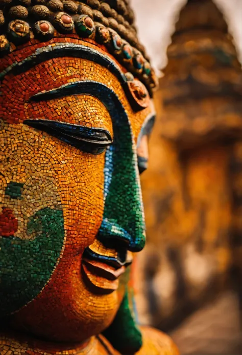 a close up of a buddha statue made of many different colored tiles, the buddha, buddha, buddhism, a mosaic, mosaic, by Jakob Gauermann, buddhist, by Sam Dillemans, master piece, buddhist art, cloisonnism, zen, photo mosaic, by Briana Mora, by Judith Gutier...