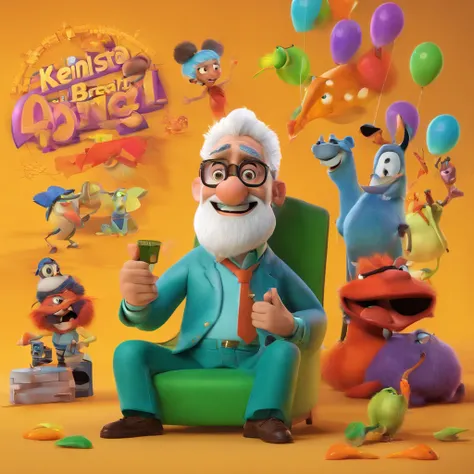 Create a poster inspired by Disney Pixar with the character being Brazilian federal deputy Keniston Braga, white hair wearing glasses, the scene will be in Pixars distinctive digital art style. Focusing on the characters expressions, vibrant colors and det...