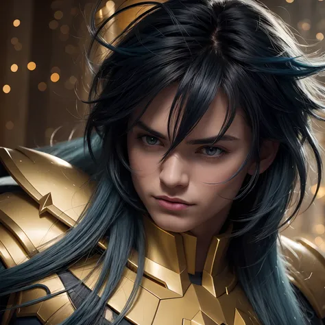 cinemactic, incrivelmente detalhado e ultrarrealista, Camus of Aquarrius Saint Seiya. Close up. Hes wearing pretty realistic golden armor. Armadura dourada brilhante. Bright golden armor. Armadura com brilho natural. Octane is the perfect tool to capture t...