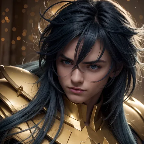 cinemactic, incrivelmente detalhado e ultrarrealista, Camus of Aquarrius Saint Seiya. Close up. Hes wearing pretty realistic golden armor. Armadura dourada brilhante. Bright golden armor. Armadura com brilho natural. Octane is the perfect tool to capture t...