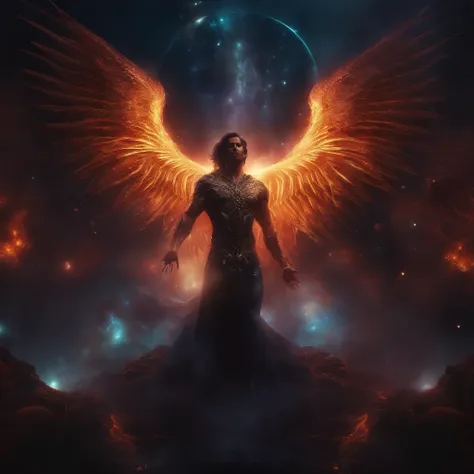 sexy Cosmic Fallen Angel, exposed cleavage, glowing light eyes, Biomechanical, eerie, Creepy, nightmarish, Very bright colors, Light particles, with light glowing, Mshiv, wallpaper art, UHD wallpaper, surrounded by sexy male demons