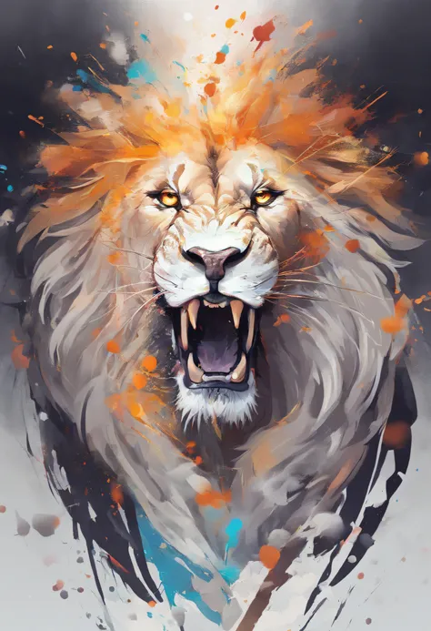 arte splash, a lion head, juba bem detalhada ((fundo branco)), olhos penetrantes, epic instagram, art-station, estilo splash de tinta colorida+, contorno, hiperdetalhado intricadamente detalhado, Motor irreal, genial, detalhes intrincados, tela inicial, co...