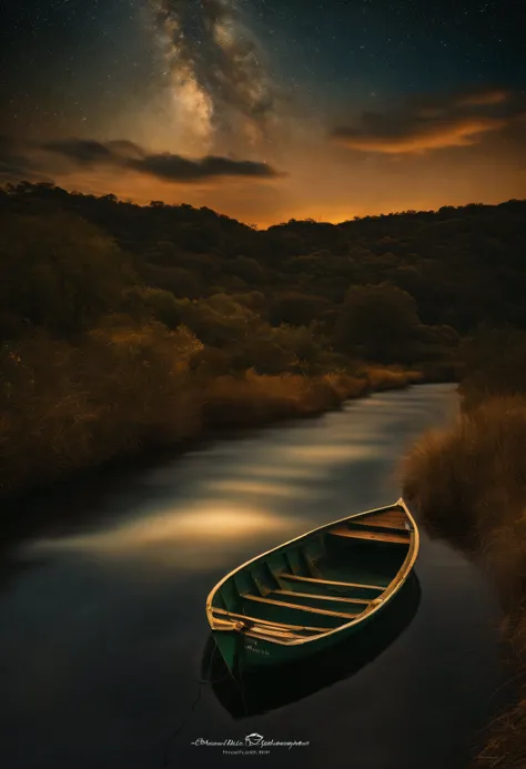 The boat goes back and forth quietly，The coast of Mades，night under the starry sky，Give it to Van Gogh to ignite，The dream is too short-lived，Shouted from the Munk Bridge, hight contrast, back lit lighting, florals, glittery, color difference, foco nítido,...