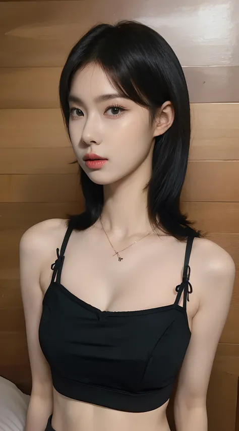 ((Top  Quality, 8K, Masterpiece: 1.3)), beauty, Hide Face, 1 Girl, beautiful: 1.3, Slim Abs: 1.1, Camisole, cleavage, Black Hair Long, (While Sitting on the Bed), Ultra detail face, Highly detailed lips, Detailed Eyes, Double eyelids, (17 Young:1.2)