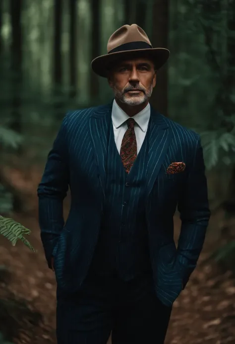 50-year-old man, Caucasian man in pinstriped suit wearing Borsalino in the middle of the forest、Standing with hands on a jaguar