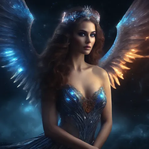 sexy female Cosmic Fallen Angel, glowing light eyes, cleavage, sexy cosmic gown, Biomechanical, eerie, Creepy, nightmarish, Very bright colors, Light particles, with light glowing, Mshiv, wallpaper art, UHD wallpaper, surrounded by many demons in the dista...