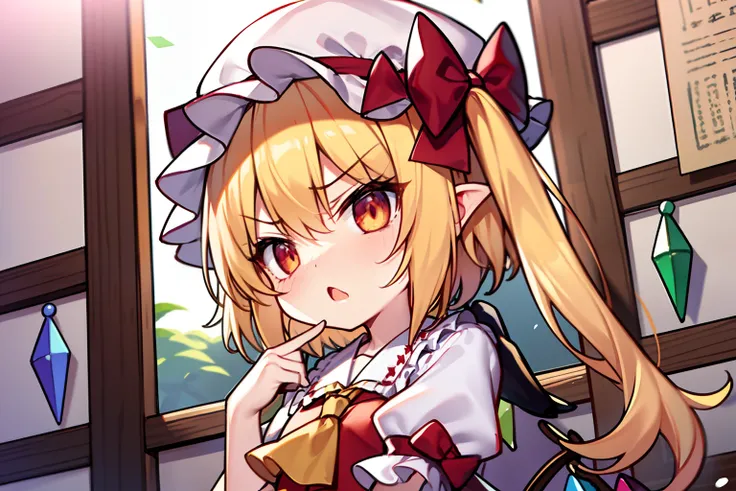 Flandre Scarlet、Hats、 beautiful countenance、Eye Highlights、{annoyed},、Petite、bright yellow hair、shortsleeves、childish、