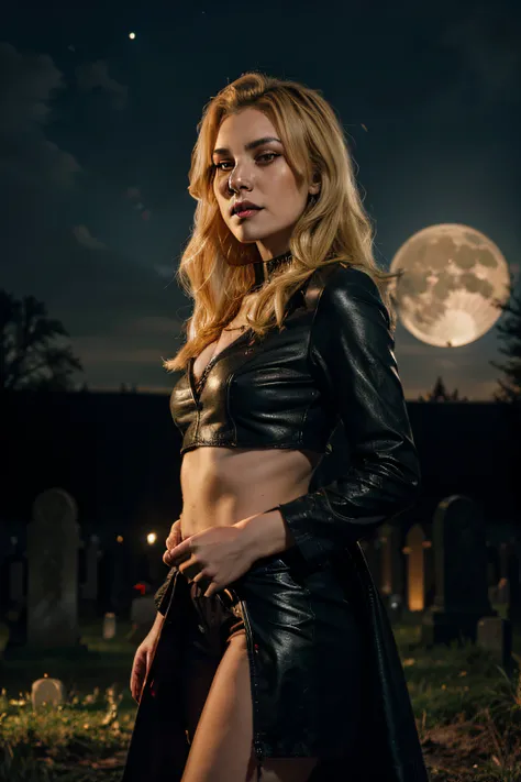 female vampire with blonde hair with sharp fangs with blood in a graveyard at night with full moon in sky , super realistic