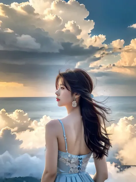 (Extremely detailed, Best Quality), floating, A very delicate and beautiful dreamlike scene,, , [(1girl in),(cabelos preto e longos), Detailed face, Neck ribbon, elegant blue dress, Stand on the clouds, (Wide Shot), (Mysterious atmosphere):1.5],, , [(Butte...