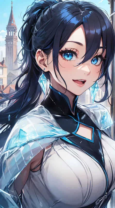 top-quality、Top image quality、​masterpiece、girl with((cute little、18year old、Best Bust、Medium bust、Bust 85,Beautiful blue eyes、Breasts wide open,Ponytail with black hair、A slender、Blue hair mesh、White sailor suit、falda corta,Laugh、Leaning forward、Hands beh...