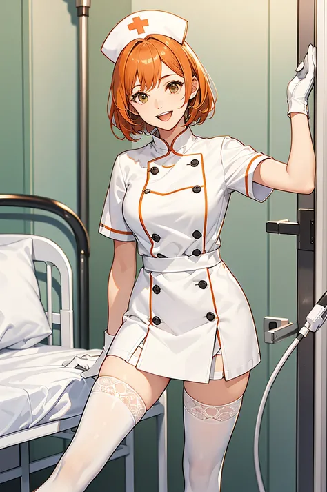 1girl, solo, nurse, nurse cap, white wear, ((white legwear, zettai ryouiki)), white gloves, very short hair, orange hair, smile, open mouth, standing, ((hospital room)), sharp outline, short sleeves, tomboy, boyish, best quality, masterpiece