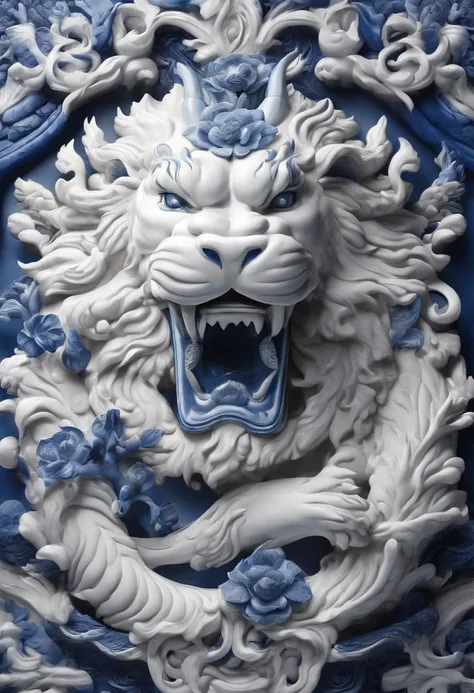 Blue and white porcelain,Ceramic material,Chinese mythical beast，artwork of a,High detail,3D,Chiaroscuro, Cinematic lighting, god light, Cinematic lighting, hyper HD, High details, Best quality, A high resolution, Textured skin