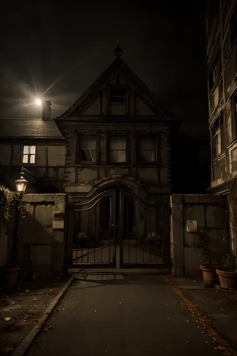 Image of an old building, with classic style windows, atmosfera sombria, in the nighttime, madhouse, mental health institute, haunted atmosphere, terror scenario, fog, Big iron gate in front, 8k