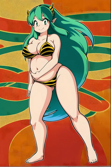 lum, bikini, standing,, , oni, smile,, full body, , , horns, curvy, big breast,, smile, green hair, pregnant