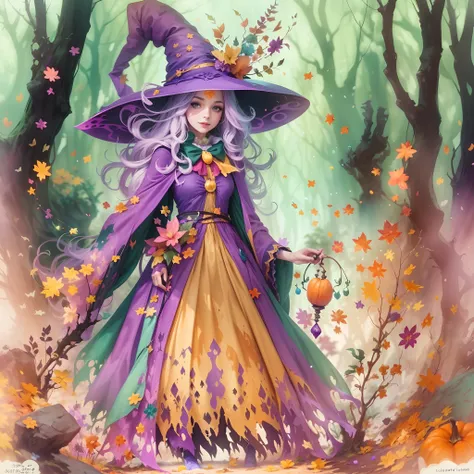 A whimsical Halloween witch, dressed in vibrant and playful attire, standing in a magical forest filled with colorful splashes of enchantment. Cartoon style with a watercolor effect, 2D, and a white background. Perfect for a character design or fantasy-the...