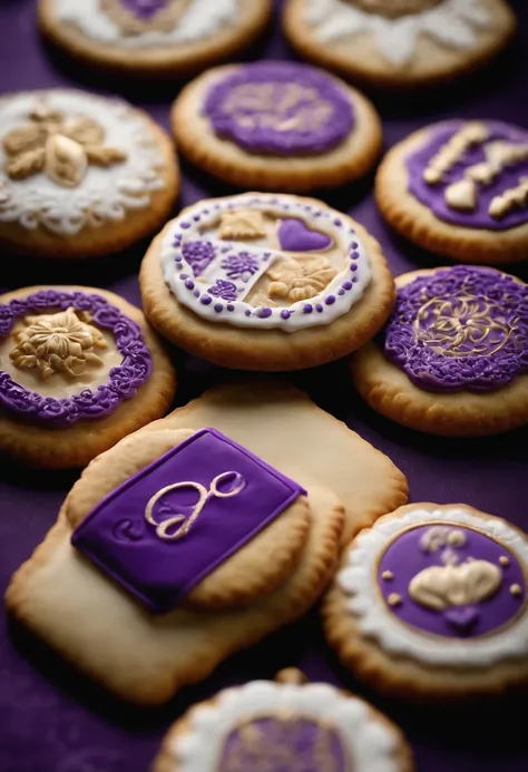 Logo "Cookies Encantados": Um cookie roxo central, nome em branco com contorno roxo acima, slogan abaixo e migalhas ao redor, transmitindo frescor e encanto caseiro.