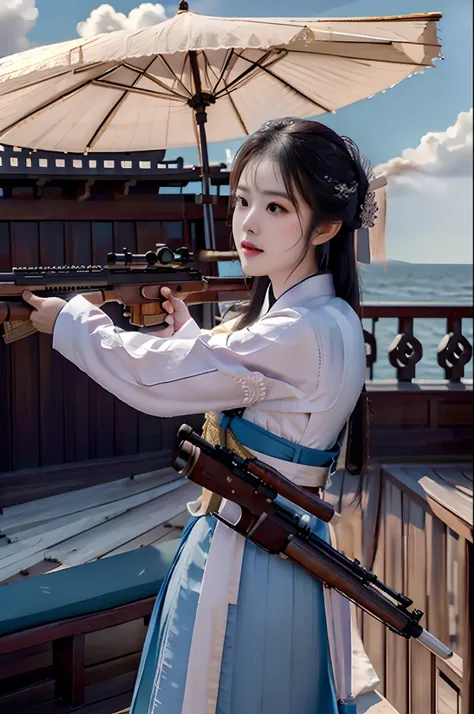 [((on ship deck,erjie,1girl,hanfu, alert,holding rifle,aiming and shooting,from everywhere))],
masterpiece,highres, highest qual...