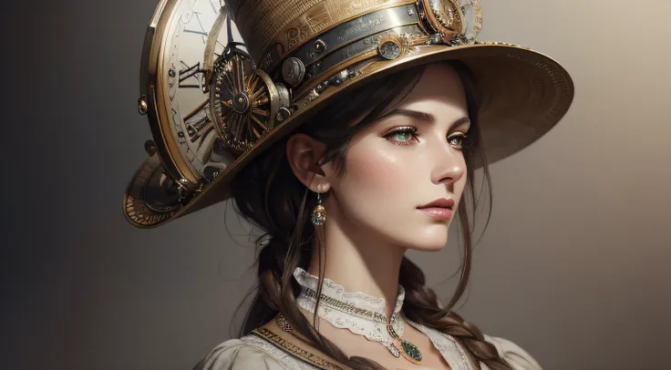 A WOMAN WITH A CLOCK HAT, Steam punk atmosphere, elegance, beauty, bliss, womanhood, hyper-realistic, textured picture, masterpiece, highly detailed, digital painting, best quality, high resolution, detailed work, post processing, white background, perfect...