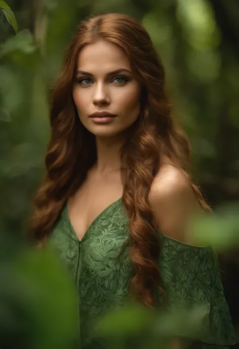 Retrato corpo inteiro na selva verde de uma expressiva jovem garota ruiva com cabelos volumosos e muita folhagem de enfeite no cabelo, vestes velhas e rasgadas, anamorphic lens, ultra-realistic, hiper-detalhado, green core, Jungle Core – AR 16:9 –q 2 –v 5