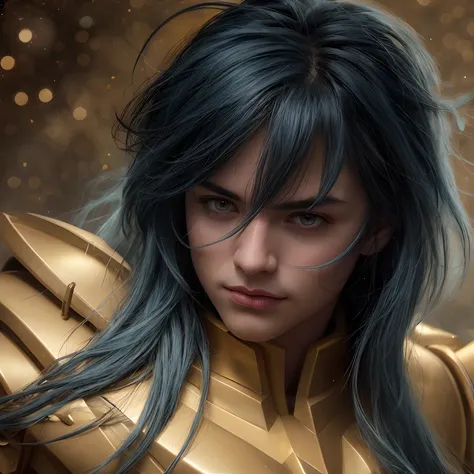 cinemactic, incrivelmente detalhado e ultrarrealista, Camus of Aquarrius Saint Seiya. Close up. Hes wearing pretty realistic golden armor. Armadura dourada brilhante. ((Bright golden armor)). Armadura com brilho natural. Octane is the perfect tool to captu...