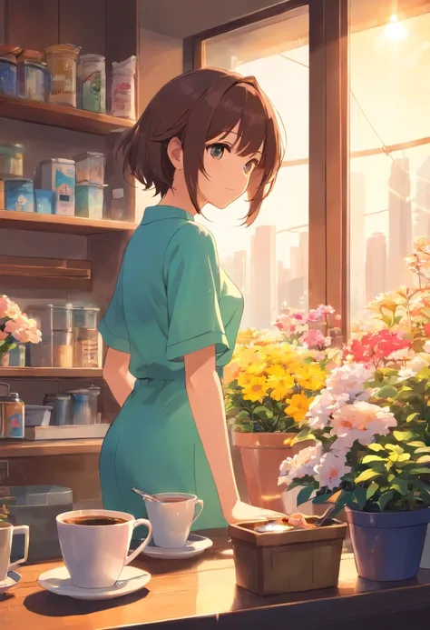 masutepiece,Best Quality,masutepiece,Best Quality,Official art,the Extremely Detailed CG Unity 8K Wallpapers,Slight retro color,riso print style,Illustration,Cute,1girl in,Flowers,Window,flower pots,drinking a cup of coffee,.