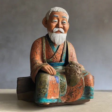 On the Chinese kang is a bunch of clay pots，An old man sits on the kang，The eyes of missing their children