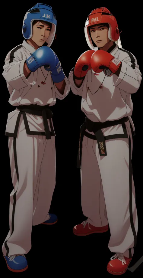 Estilo desenho anime, nijji, Two people in white uniforms are standing next to each other, Sparring, combate corpo a corpo, Gunwoo Kim e J.Dickenson, tomada em 2 0 2 0, Postura de luta, Confronto-se num duelo, Preparando-se para lutar, Kickboxing, vistas l...