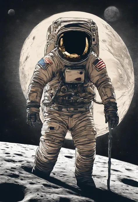 （Astronauts climb to the moon in spacesuits），（Moon：1.37）（Astronaut all over the body：1.1），with a planet in the background, lonely astronaut, detailed astronaut, Astronaut, fully space suited, astronaut in space, astronaut in space, astronaut on the moon, a...