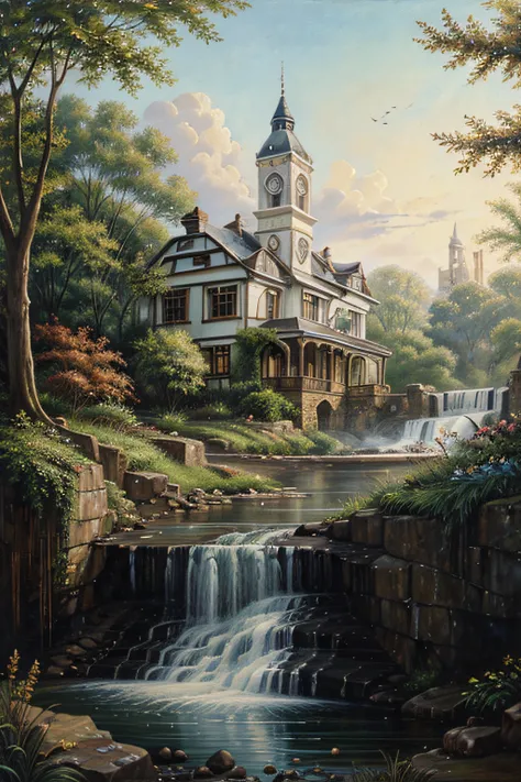 Random Painting , Environment , Victorian house , Oil Painting , Exterior , waterfalls