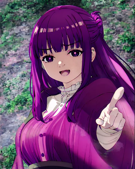 anime girl with purple hair pointing at the camera, mai yoneyama, misato katsuragi, marin kitagawa fanart, hinata hyuga, with index finger, anime moe artstyle, anime portrait of shiina ringo, anime visual of a cute girl, official character art, yuuki hagur...