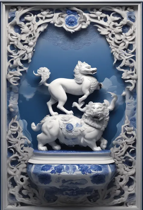 Blue and white porcelain,Ceramic material,Chinese Pixiu,Ornaments,Three-dimensional sculpture,artwork of a,High detail,3D,Chiaroscuro, Cinematic lighting, god light, Cinematic lighting, hyper HD, High details, Best quality, A high resolution, Textured skin