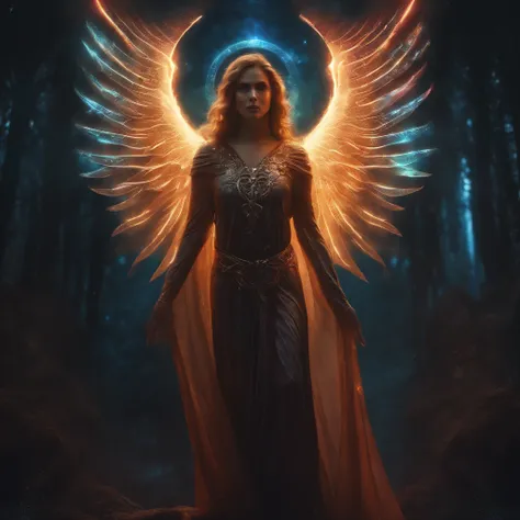 sexy female Cosmic Fallen Angel, glowing light eyes, Biomechanical, eerie, Creepy, nightmarish, Very bright colors, Light particles, with light glowing, Mshiff, wallpaper art, UHD wallpaper, anakil skywalker, 15 years, medieval clothes