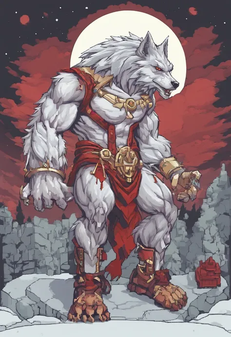 White werewolf,Male werewolves,(The body is huge：1.3)+(Full of muscles，Exposed limbs：1.3),(The oppressive force that covers the sky：1.3)，Snow-white hair，gold eyes，(Huge blood-red collar：1.3),(Silver shackles：1.3)