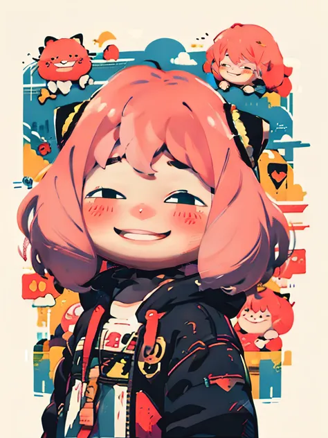 1anya forger, pink hair, happy, kawaii, child, doodles, front view, smile, blush, non repeat.