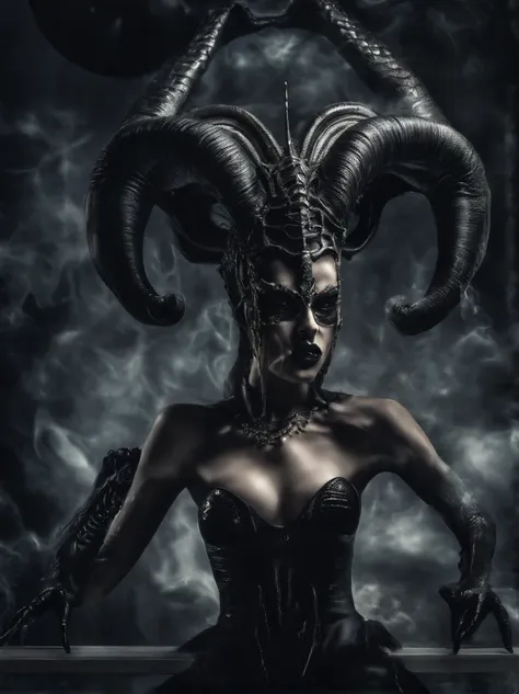 photo realistic,, realistic dark, surreal, beautiful exotic demon woman with large ram horns and a Carnevale di Venezia mask, large breasts wearing an open long black latex robe showing her nude body underneath, medusa, snake woman, giger, scary aesthetic,...