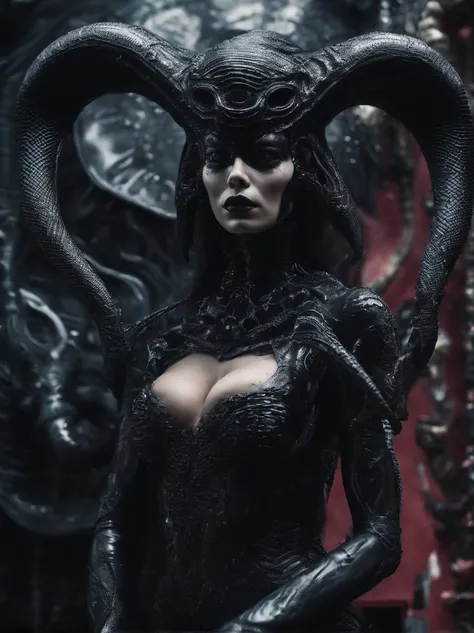 photo realistic,, realistic dark, surreal, beautiful exotic demon woman with large ram horns and a Carnevale di Venezia mask, large breasts wearing an open long black latex robe showing her nude body underneath, medusa, snake woman, giger, scary aesthetic,...