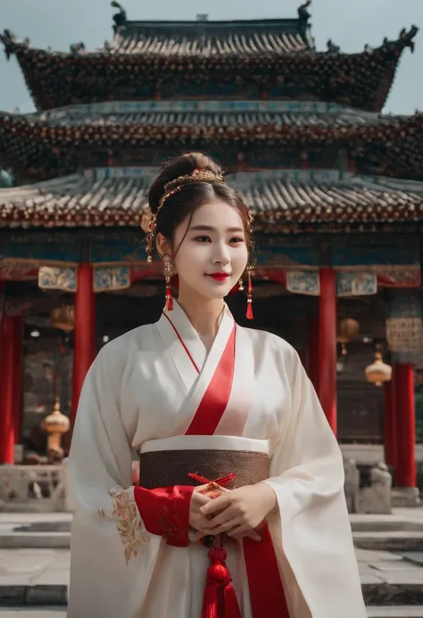 Kpop Idol: 1.2, mix4, 1 Korean girl, 14 years old, (light eyebrow: 1.4), shiny brown eyes, Bun head, tied two braids, ancient city, Chinese temple, High hills, Beautiful detail sky, Street (Large crowds:1.2), Night, (nose blush), Hanfu, Happy, Smile