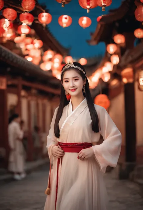 Kpop Idol: 1.2, mix4, 1 Korean girl, 14 years old, (light eyebrow: 1.4), shiny brown eyes, Bun head, tied two braids, ancient city, Chinese temple, High hills, Beautiful detail sky, Street (Large crowds:1.2), Night, (nose blush), Hanfu, Happy, Smile