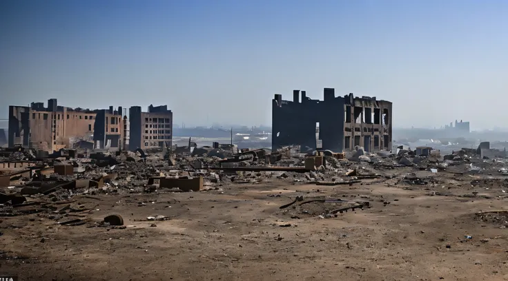 the ruins of a large city building are covered with smoke from the civil war and the city abandonment, concept of war