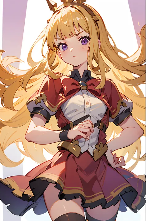 1girl, solo, character preview illustration, blonde hair, purple eyes, Cagliostro, long hair, CagliostroBase, hairband, crown, black thighhighs, red bow, skirt, red skirt, cape, small breasts, serious, neutral, face focus, hand on hips, upper body, looking...