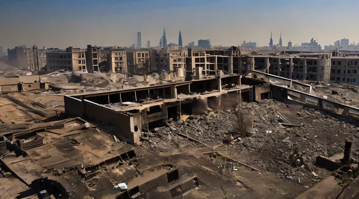 the ruins of a large city building are covered with smoke from the civil war and the city abandonment, concept of war