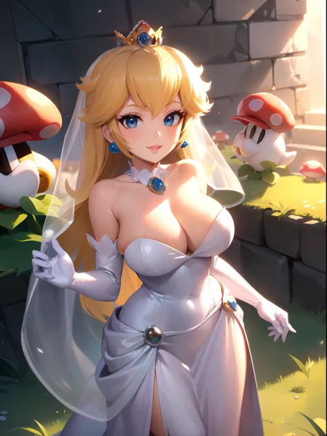 highres, masterpiece, perfect ligthing, bloom, cinematic lighting, adult, perfect skin, female, looking at viewer, portrait, cowboy shot, cleavage, smile, :), narrow waist, skinny, (PrincessPeach), (Princess Peach), (WeddingDress), (Veil:1.4), detailled ey...