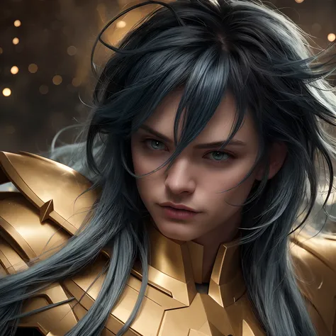 cinemactic, incrivelmente detalhado e ultrarrealista, Camus of Aquarrius Saint Seiya. Close up. Hes wearing pretty realistic golden armor. Armadura dourada brilhante. ((Bright golden armor)). Armadura com brilho natural. Octane is the perfect tool to captu...