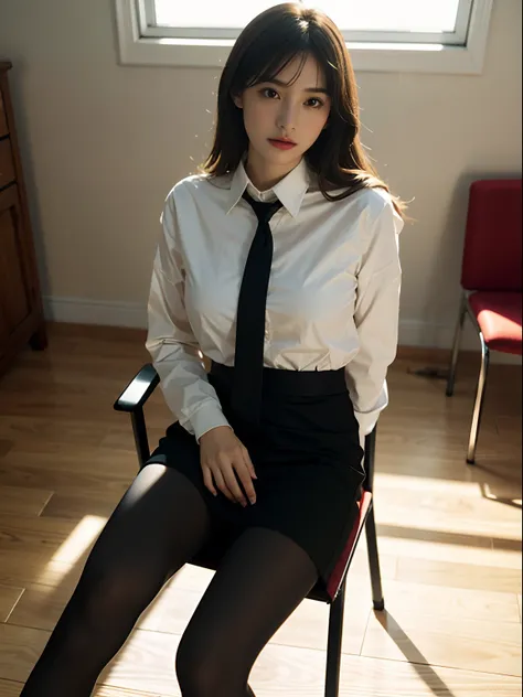 1girl,young girl, shiny skin,medium breasts,nice leg line:1.3, thin waist,school uniform, thighhighs,necktie,((pencil skirt)),looking at viewer,from below,( pantyhose:1.3),(The golden ratio figure),(Office, sit in a chair:1.3),Close range
masterpiece, best...