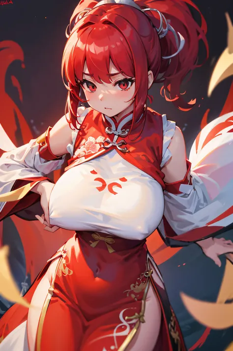 4k,hight resolution,One Woman,White red hair,Short ponytail,huge tit,Ancient Chinese princess,qipao dress