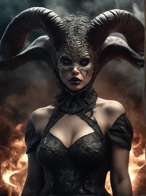 photo realistic,, realistic dark, surreal, beautiful exotic demon woman with large ram horns and a Carnevale di Venezia mask, large breasts wearing an open long black latex robe showing her nude body underneath, medusa, snake woman, giger, scary aesthetic,...