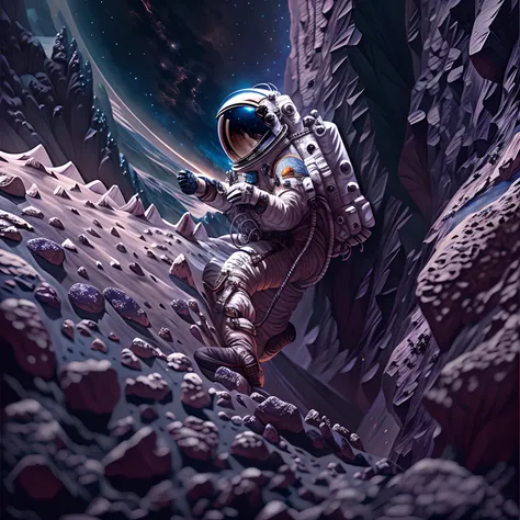 An astronaut, climbing the asteroid, Very detailed fantasy illustration,Desolate background，ultra - detailed, A high resolution, The is very detailed,best qualtiy,illustratio,unified,8k 壁纸,tmasterpiece,best qualtiy,RAW photo, Beautiful and aesthetic,deepsh...