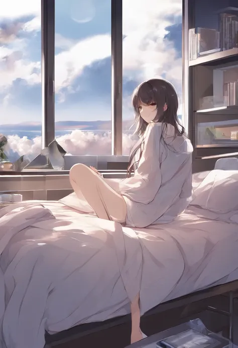 Best Quality、Night view outside the window、Light brown skin、s Pajamas、cleavage of the breast、short-hair、femele、独奏、Very cute、、Midnight、Brown hair、、I want to blush、bending forward、Bedroom、Wink、twinkling、Kamimei、Sit on the bed、Girl sitting